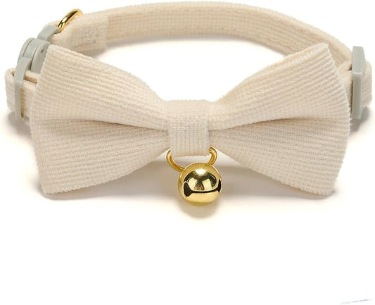 Cotton Breakaway Cat Collar with Bow Tie and Bell, Adjustable Cute Soft Corduroy Kitten Collars for Girl and Boy Cats