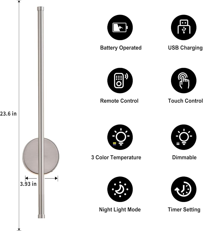 Battery Operated Modern Wall Sconces, Dimmable Wireless Wall Light Set of Two
