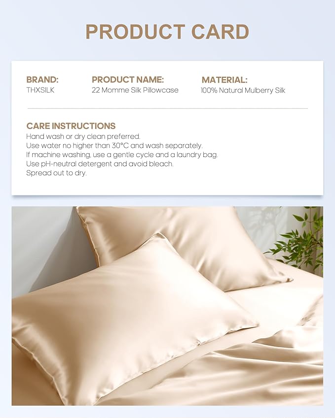 THXSILK 100% Mulberry Silk Pillowcase for Hair and Skin, 22 Momme Grade 6A+ Mulberry Silk Pillow Case, Natural Silk Pillow Case Cover with Zipper, 1pc(California King Size 20"x40", Beige)