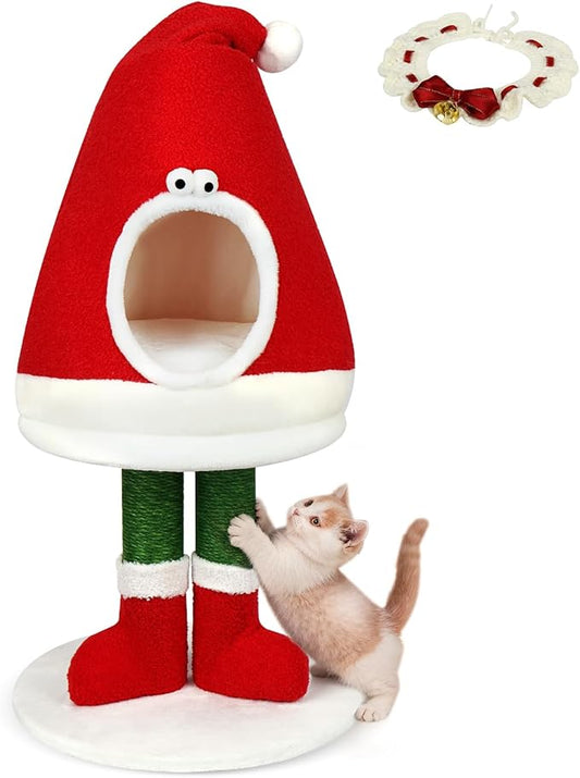 Cat Bed Scratching Post, Comes with A Cat Collar, 30 inch Tall Natural Sisal Rope Cat Tower Toys, Cat Tree Activity Center, Indoor Decor Cat Bed for Kitty and Adult Cats