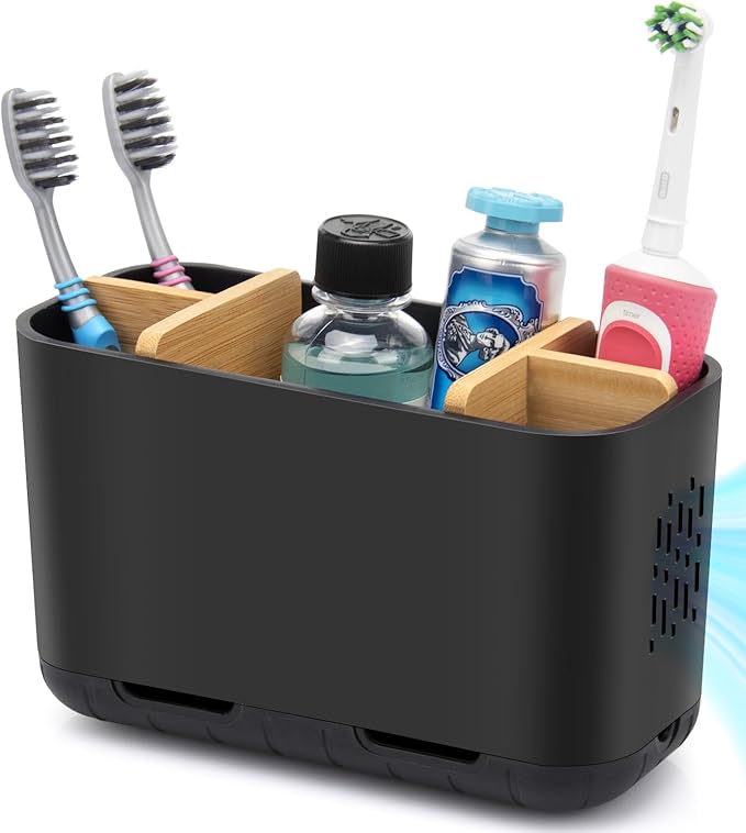 GFWARE Black Toothbrush Holder, Bamboo Toothbrush and Toothpaste Holder with Drainage, Electric Kids Matte Black Toothbrush Holders Set Organizer for Bathrooms Countertop Accessories Storage