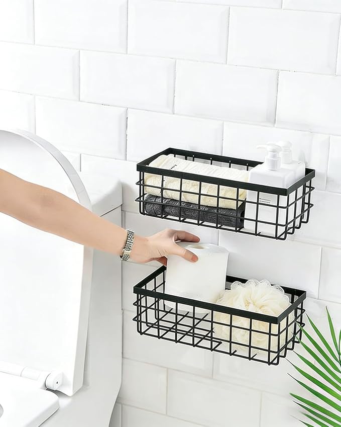 2PCS Hanging Wire Storage Baskets, Metal Wall Organizer, Adhesive Wall Storage Shelves for Kitchen, Bathroom Pantry (Spice Rack, Cabinet Organizer, Shower Caddy) Black-M+L