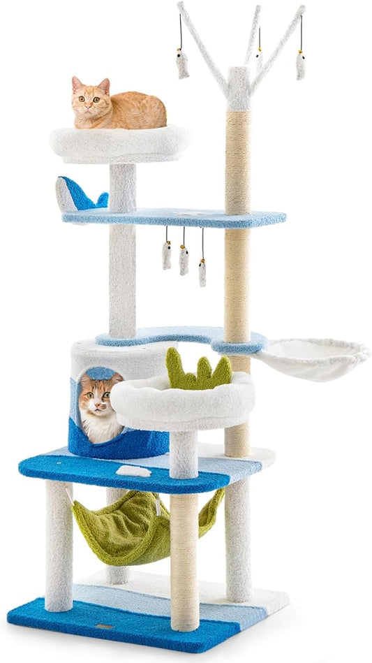 Tangkula Ocean-Themed Cat Tree, Multi-Level Cat Tower with Sisal Scratching Posts, Condo, Perch, Hammock, Jump Platforms, Hanging Interactive Toys, Cute Cat Activity Center for Indoor Cats (65 Inch)