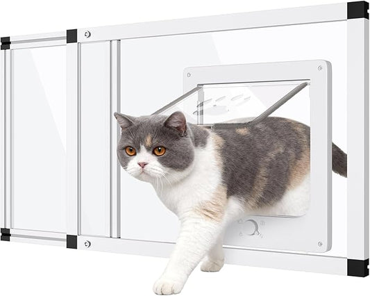 Sliding Cat Door for Window, Fits 22"-28.5" Width Window, 2-Min Install | Aluminum Frame + HD Glass | Weatherproof Design | Magnetic Closure Window Cat Door Insert, Adjustable Pet Door Window for Cats