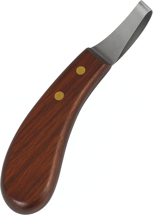 7 Inch Swiss Hoof Knife Double Edged – Stainless Steel Curved Blade Farrier Tool with Round Wooden Grip, Multipurpose Hoof Trimming Knife for Livestock. (Oval Hoof Knife)