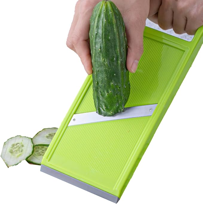 Handheld Potato Slicer & French Fry Cutter, Stainless Steel Manual Vegetable Slicer for Chips Homemade Fries Carrots Zucchini Easy Grip Green Slicer Chip Maker (4.25x10.8in)