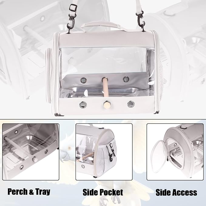 Small Bird Travel Carrier Cage for Long Tail Bird Parakeet Parrot, Includes Metal Tray Soft Mat and Wooden Standing Perch, Hands Free Lightweight Clear 2 Windows