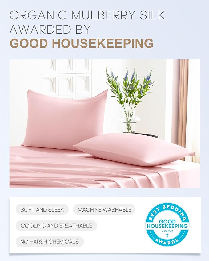 THXSILK Set of 2 100% Mulberry Silk Pillowcase for Hair and Skin Health, 22 Momme Soft and Smooth Pillowcases with Hidden Zipper, Both Sides Premium Grade 6A+ Silk, California King 20"x40", Pink