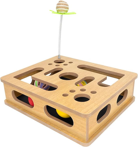 Interactive Wooden Cat Scratch Puzzle Enrichment Box,Cat Nail File Enrichment Box, Features Built in Sandpaper to Help Trim Claws During Play. (Burlywood Color)