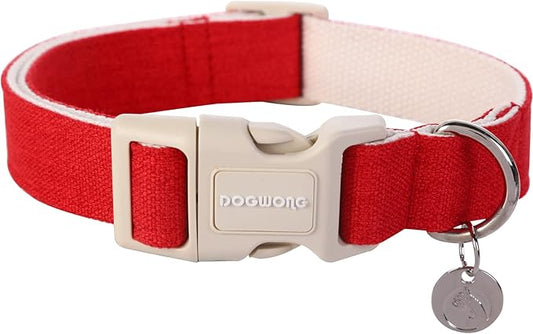 DOGWONG Cotton Hemp Dog Collar, Heavy-Duty Red Dog Collar Adjustable Soft Natural Fabric Pet Dog Collar Cute Wedding Puppy Necklace for Small Medium Large Dogs