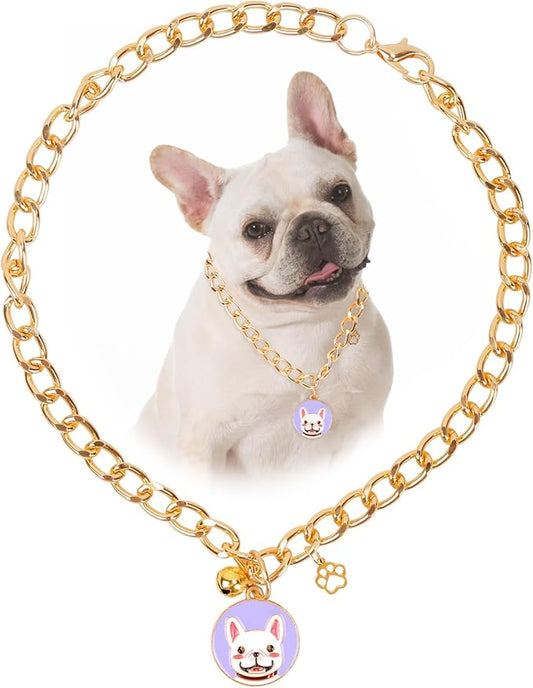 HOWWFALY Dog Collar and Cat Chain Necklace Stainless Steel Adjustable 18K Gold Heart-Shaped Necklace for Small Pets Cats Kitten Puppy (Gold, 17.7 inch)