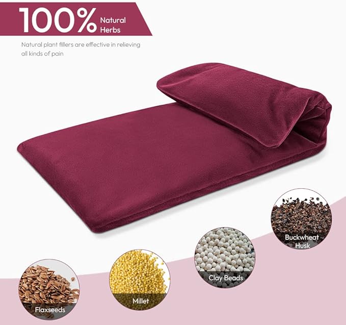 Microwavable Heating Pad with Washable Cover, 8 x 18 Microwave Heating Pad for Neck and Shoulders, Moist Heat Bean Bag Warm Compress for Knee, Joints, Wrist, Abdomen (Wine Red)