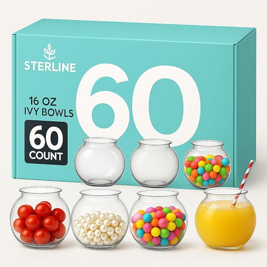 60 Pack Clear Plastic Ivy Bowls – 16 oz Reusable Mini Fishbowls for Candy, Crafts, Cocktails, Decor & More – Food Safe, BPA-Free, Unbreakable – Perfect for Events, Weddings & Parties
