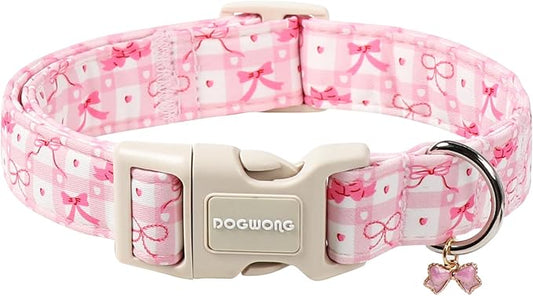 DOGWONG Pink Plaid Dog Collar-Cute Pink Bowtie Print Dog Collar, Adjustable Cotton Girl Female Pet Collar with Quick Release Buckle,S