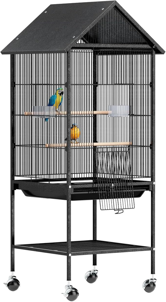 VINGLI Bird Cage with Rolling Stand for Parrots, Cockatiels, Budgies, Lovebirds, Small/Medium Birds (50" H with Spire Roof)