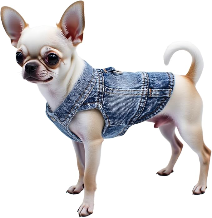 Puppy Clothes for Small Dogs Boy,Classic Western Denim Dog Coat,Dog Jeans Jacket with Leash D-Ring,Pet Cat Costumes,Cooling Harness Vest for Walking (Blue, Large)