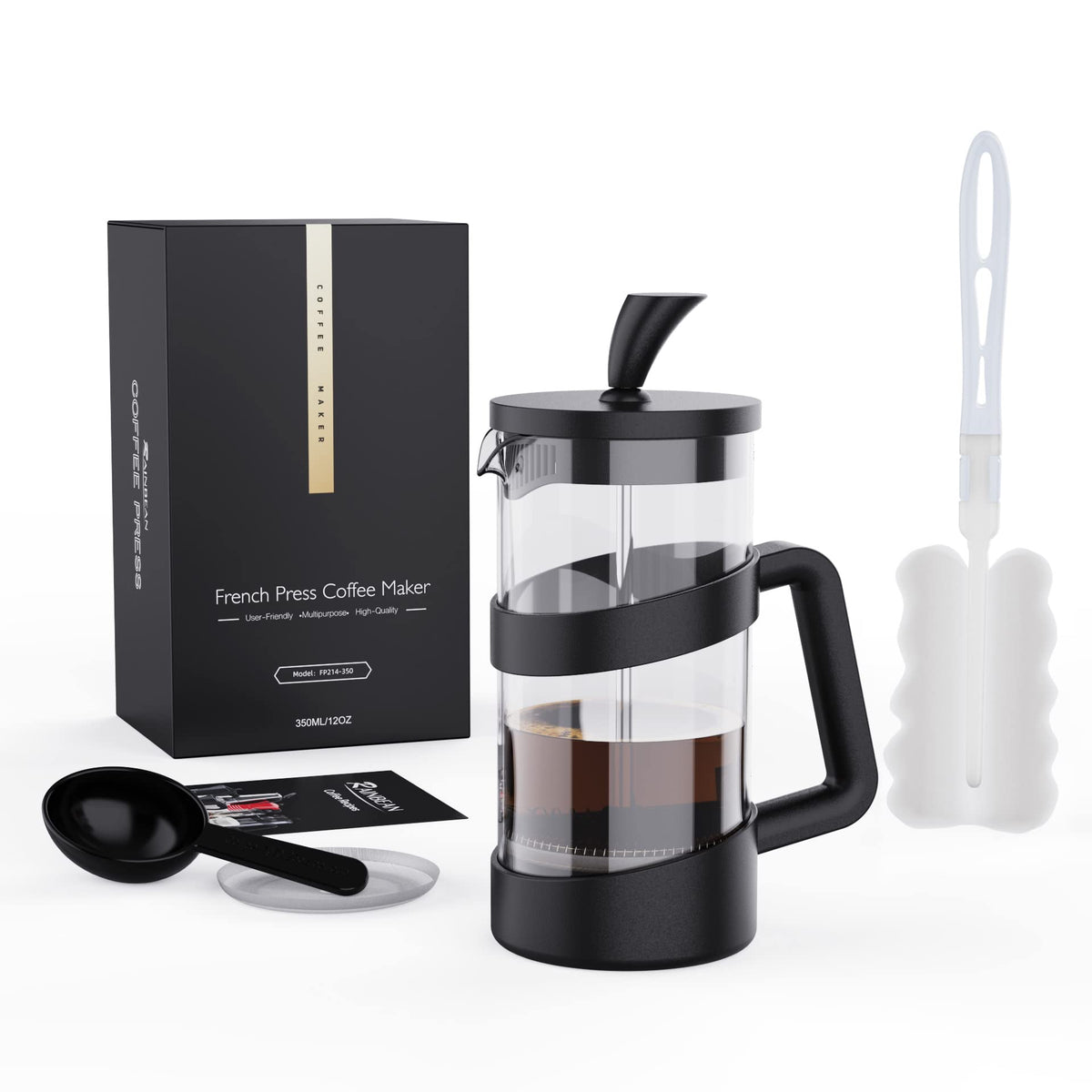 RAINBEAN Mini French Press Coffee Maker, 12 oz, Camping Coffee Press Pot, Small French Press, Tea and Frothed Milk Press (Black, 12 oz)
