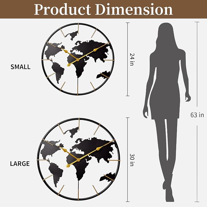 Large World Map Wall Clock, Metal Minimalist Modern Clock, Round Silent