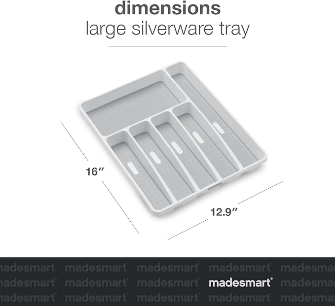 madesmart Classic Large Silverware Tray - White |CLASSIC COLLECTION | 6-Compartments| Kitchen Drawer Organizer | Soft-Grip Lining and Non-Slip Rubber Feet | BPA-Free