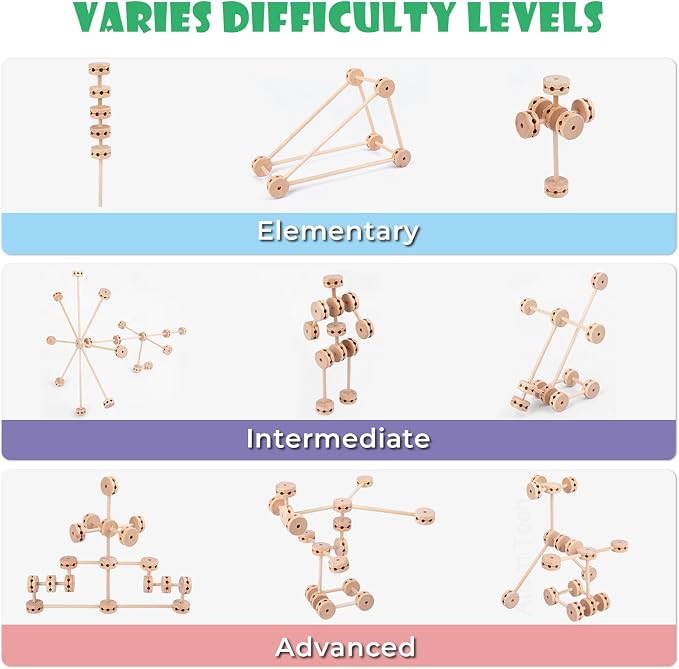 Wooden Building Blocks 60PCS Montessori STEM Toy for Kids 6+, Natural Wood Splicing Joints and Sticks Educational Sensory Tinker Creative 3D Playset Stacking Game (Pack of 2)