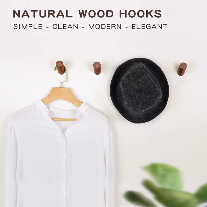 Felidio Wood Wall Hooks, 6 Pack Natural Wooden Coat Hooks Wall-Mounted