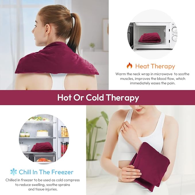 Microwavable Heating Pad with Washable Cover, 8 x 18 Microwave Heating Pad for Neck and Shoulders, Moist Heat Bean Bag Warm Compress for Knee, Joints, Wrist, Abdomen (Wine Red)