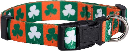 Native Pup St Patricks Dog Collar- Saint Patrick Green Shamrock Pet Collars- St. Patrick’s Lucky Irish- Adjustable for Small, Medium, Large Breeds (Green & Orange Shamrock, Medium)