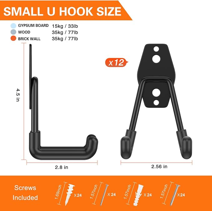 HUPBIPY Heavy Duty Garage Hooks 12 Pack, 2.8 inch Small U Shaped Hanger