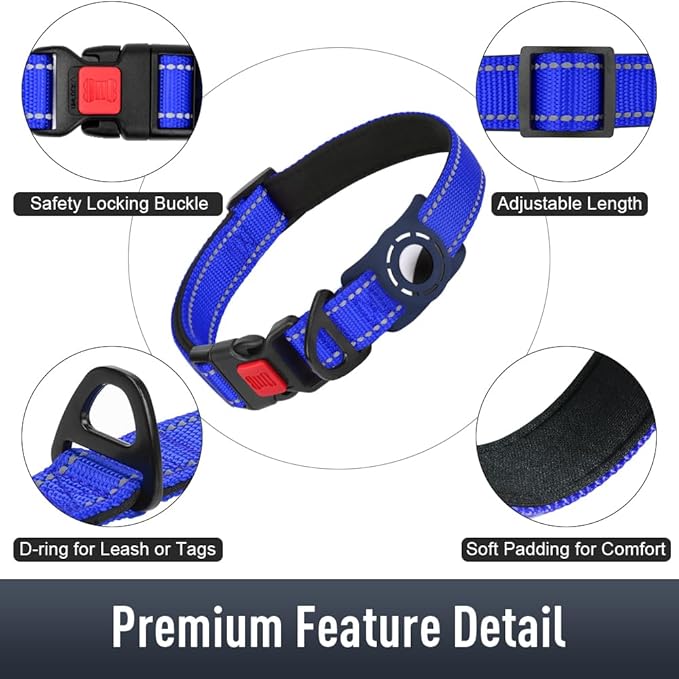 Airtag Dog Collar with AirTag Holder for Puppy Small Dogs, Reflective, Soft Padded & Safety Locking Buckle, Nylon Pet Collars Adjustable for All Breeds, NavyBlue,XS