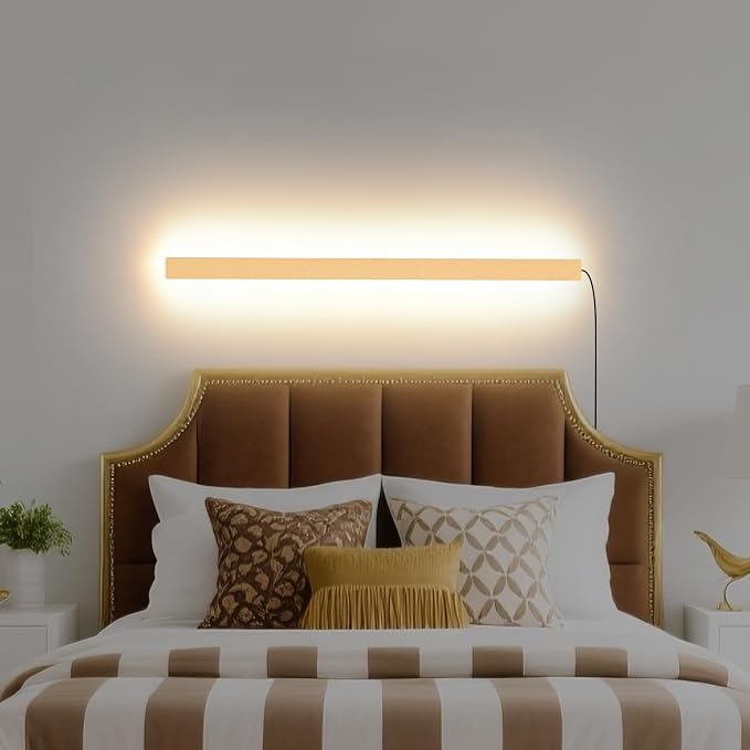 KELUOLY Modern Plug in Wall Lights, 31.4 inch Frosted Gold LED Long Wall Sconce