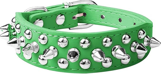 Spiked Dog Collar Soft Pu Leather Mushrooms Rivet Spike Studded Puppy Adjustable Pet Collars for Small Breeds (S, Green)