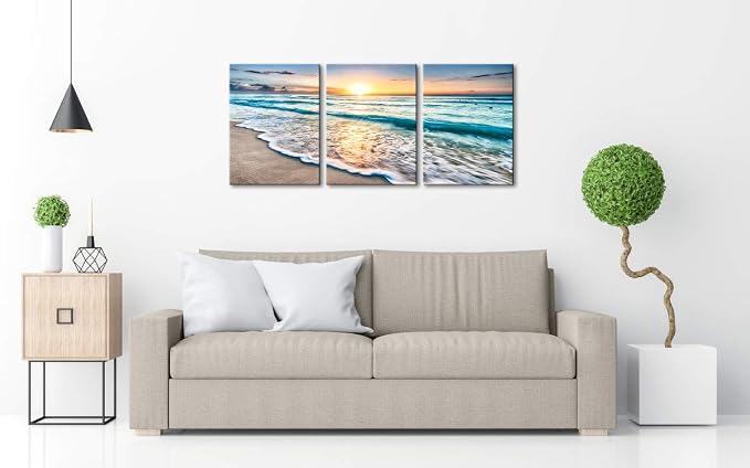 Wieco Art 3 Panel Blue Beach Canvas Wall Art