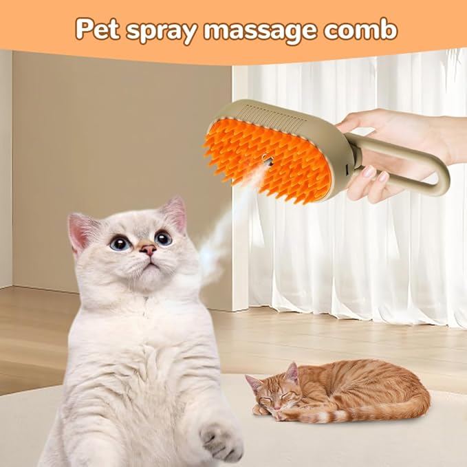 Cat Steam Brush, New 3 in 1 Pet Steam Groomer Brush, Rechargeable Pets Steam Groomer Comb for Massaging and Cleaning Shedding Pet Hair, Multifunctional Hair Removal Comb Cats and Dogs (Khaki)