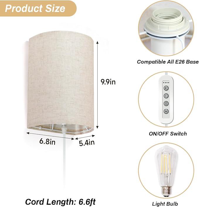 FINCMY Wall Sconce Light Plug in, Dimmable Sconces Wall Decor Set of 2