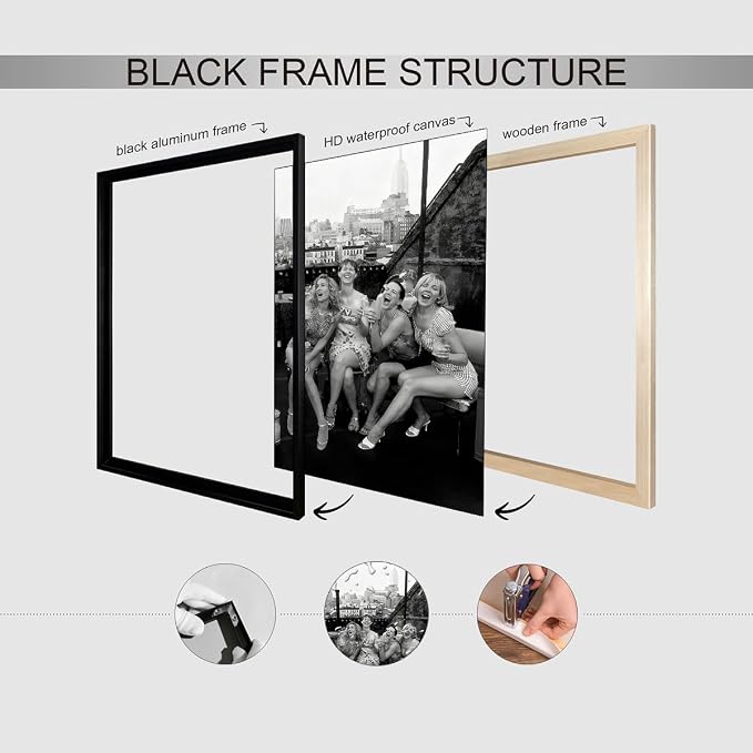 Retro Black And White Woman Black Framed Wall Art Fashion Rooftop Party Posters