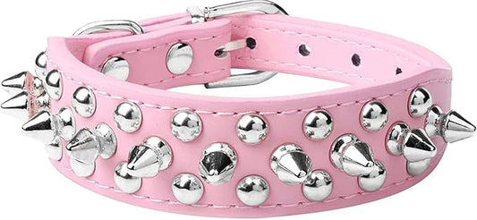 Spiked Dog Collar Soft Pu Leather Mushrooms Rivet Spike Studded Puppy Adjustable Pet Collars for Small Breeds (L, Pink)