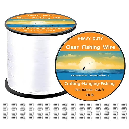 Aboda Heavy Duty Fishing Line Wire 0.8mm 656 ft, Strong Clear String for Hanging Decorations, Invisible Fishing Line for Crafts, Thick Transparent Hanging Wire for Pictures with 100 Crimp Sleeves