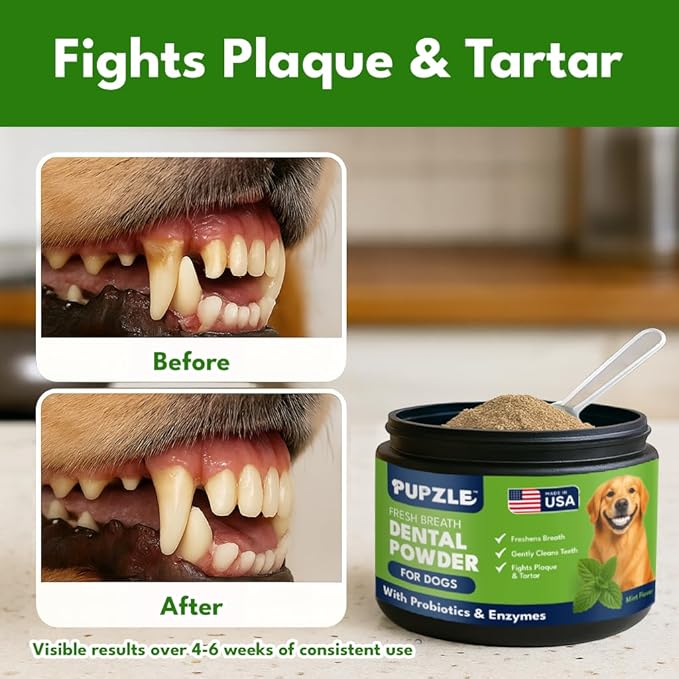 Pupzle Dog Teeth Cleaning Powder for Fresh Breath, Dog Dental Powder, Tartar & Plaque Focused, Natural Breath Freshener, Pet Dental Supplement with Probiotics for Gut Health, Mint, 60 Days Supply