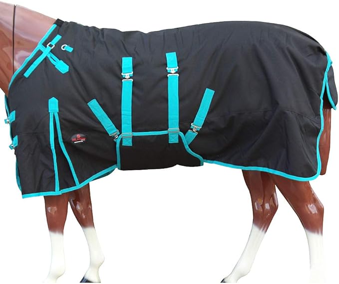 HILASON Black with Turquoise Trims 70 inch 1200D Winter Waterproof Poly Horse Turnout Blanket Belly Wrap