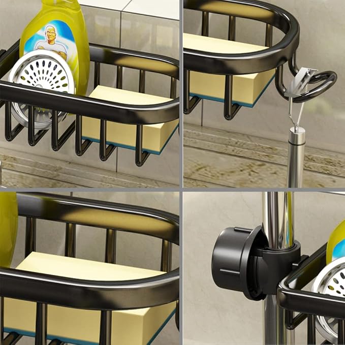Faucet Sponge Holder Kitchen Sink Caddy Organizer Over Faucet Hanging Faucet Drain Rack for Sink Organizer (Upgraded with Dishcloth Rack, Black)