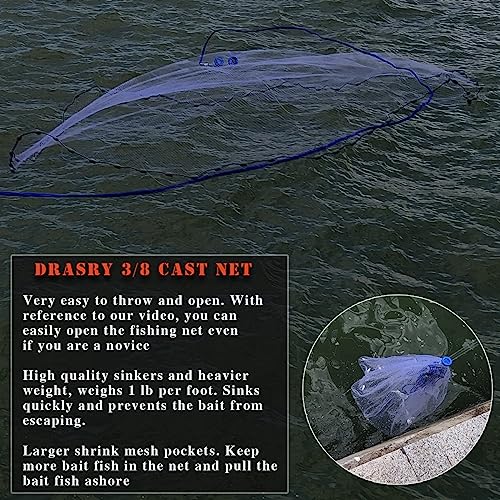 Drasry Saltwater Fishing Cast Net 3/8 and 1/4 Mesh with Heavy Duty Gray Sinker American Monofilament Fish Throw Net for Bait Trap 3FT 4FT 5FT 6FT 7FT 8FT 9FT Radius - size: 7FT Radius, style: 3/8 Mesh 1 Lb/Ft