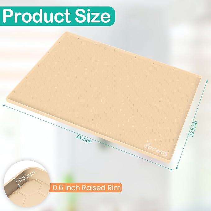 Waterproof Under Sink Mat 34" x 22", Silicone Cabinet Liner, Rubber Protector for Kitchen and Bathroom, Keeps Cabinets Clean, Dry, and Organized (Beige)