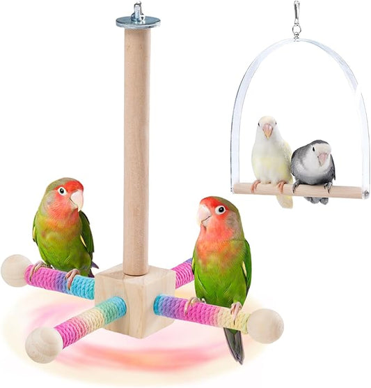 9" Hanging Bird Perch Toy for Cage, 360° Silent Free-Spin, Wooden Bird Cage Accessories, Relieve Boredom Anxiety, for Parrots, Parakeets, Cockatiels, Small to Medium Birds, with Poplar Swing