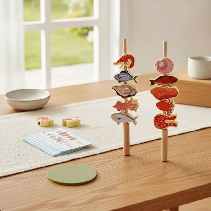 Children Cognitive Game Fruit Lacing Beads Threading Toy Stacking Blocks Matching Cards Wooden Educational Set for Counting Practice and Shape Sorting, Seafood Skewers
