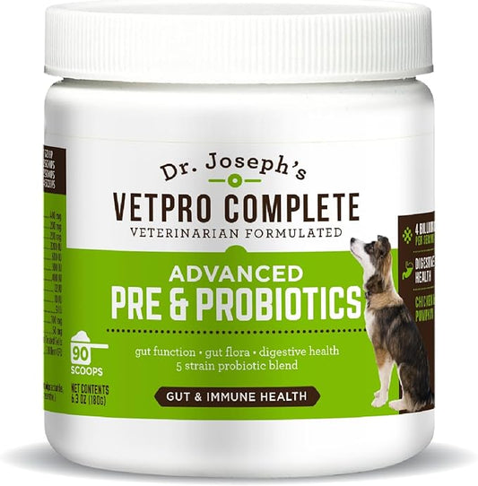 Dr. Joseph's VetPro Complete Advanced Powdered Pre & Probiotics for Dogs, 90 Scoops, Supports Gut Health, Diarrhea, Digestive Health & Seasonal Allergies, Chicken/Pumpkin Flavor, Add to Food