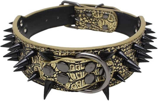 Serijoars Spiked Studded Dog Collar, PU Leather Dog Collar, Adjustable Pet Collars for Medium or Large Breed Pet (L, Gold Brown3)