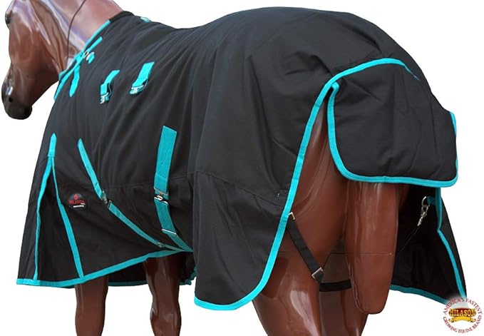 HILASON Black with Turquoise Trims 84 inch 1200D Winter Waterproof Poly Horse Turnout Blanket Belly Wrap