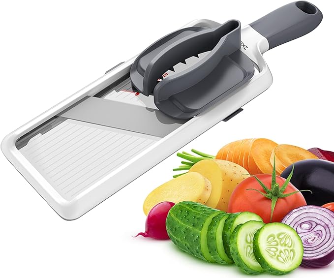 ZKIRON Handheld Mandoline Slicer for Kitchen - Adjustable 3-Thickness (1mm-3mm) Slicer Vegetable Cutter with Safety Hand Guard Potato Onion Tomato & Cucumber Slicer for Salad, Easy to Clean (Gray)
