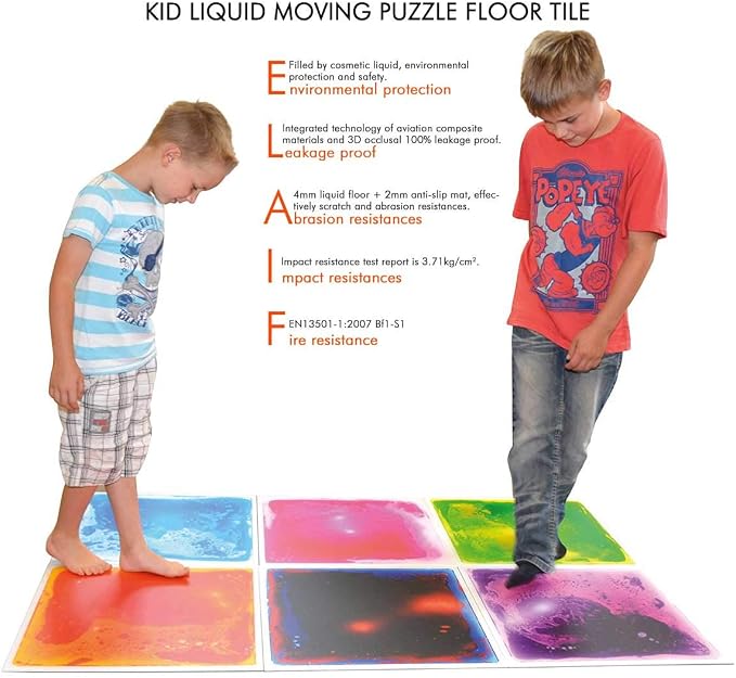 LONGKING 12" X 12" Sensory Tiles for Activity Play Centers for Children, Sensory Floor Tiles, Liquid Floor Tiles, Autism Sensory Poducts, Blue-Red-Black | Sensory floor tiles, soft liquid gel, 12"x12", color movement play mat, playroom classroom daycare