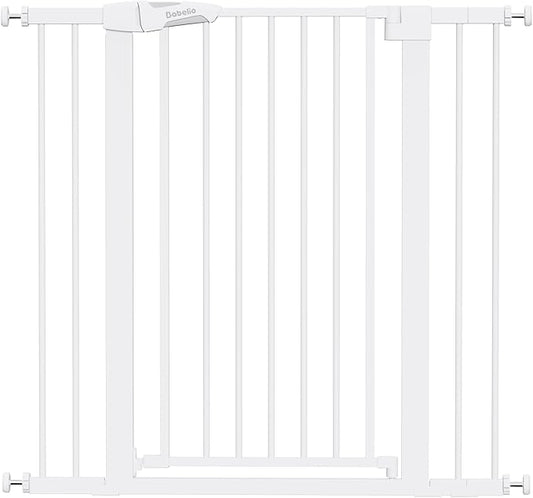 BABELIO 36" Tall Dog Gate PressGuard C5, 26-40" Wide Auto Close Baby Gate, Pressure Mounted Metal Pet Gate, Easy Install No Drilling, No Tools Needed, with Wall Protectors and Extension Kits, White